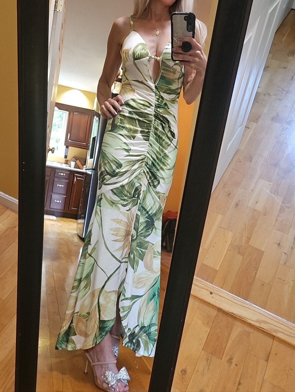 SHEIN White Maxi Dress with Green Tropical Leaf Print